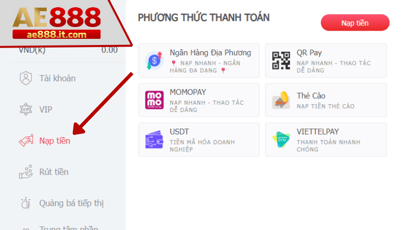 Đăng nhập và chọn vào mục nạp tiền