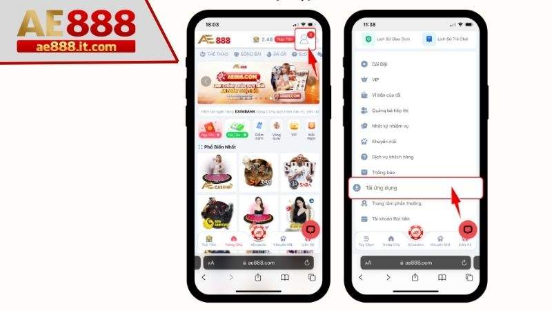 Đăng nhập vào trang AE888 và chọn tải ứng dụng