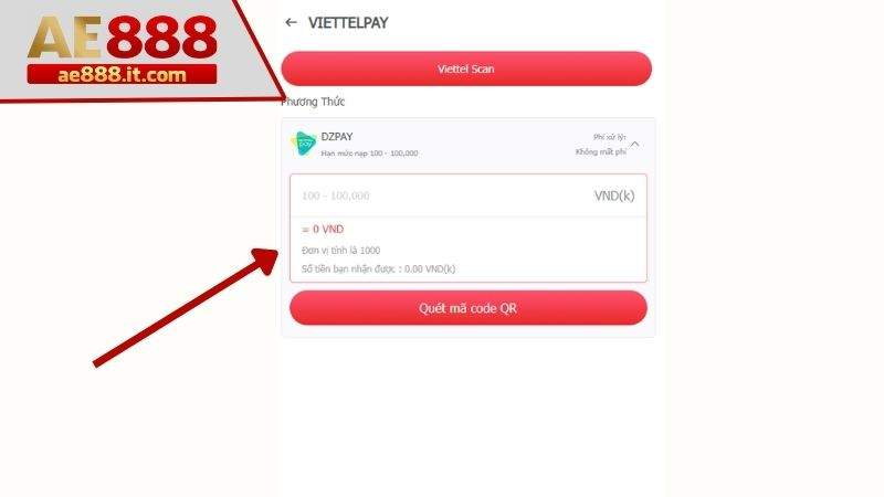 Nhập số tiền cần nạp và nhấn chọn quét mã